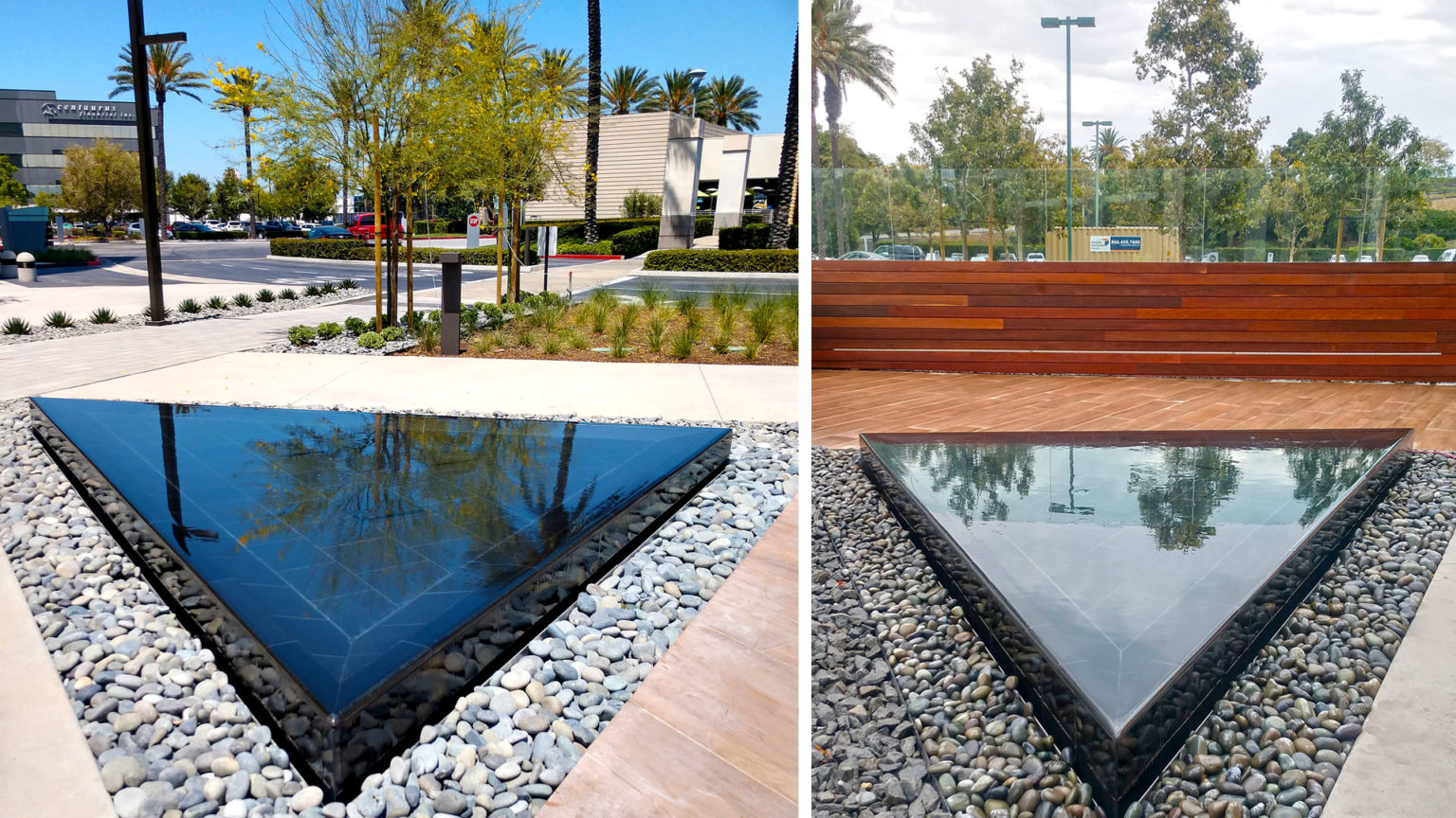 rectangular garden with triangular pool